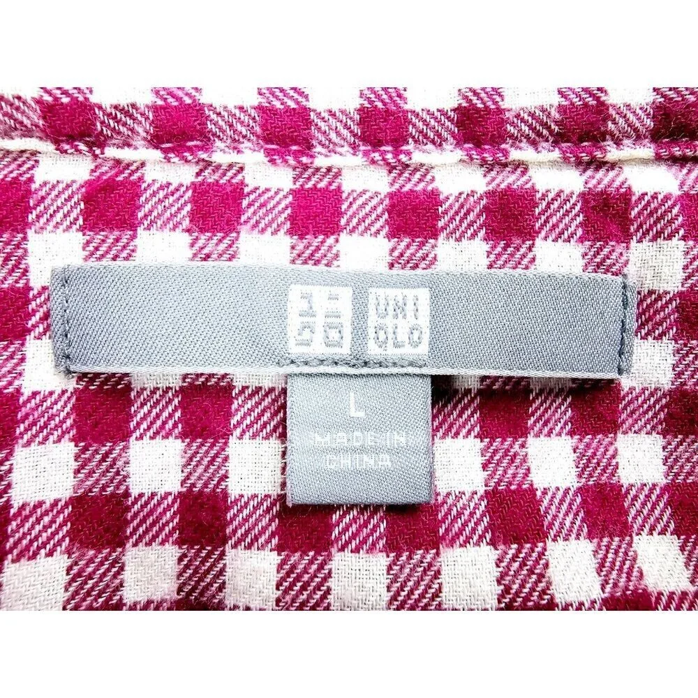 Uniqlo Size Large Womens Red White Check Flannel Long Sleeve Cotton Pocket Shirt - Picture 4 of 10
